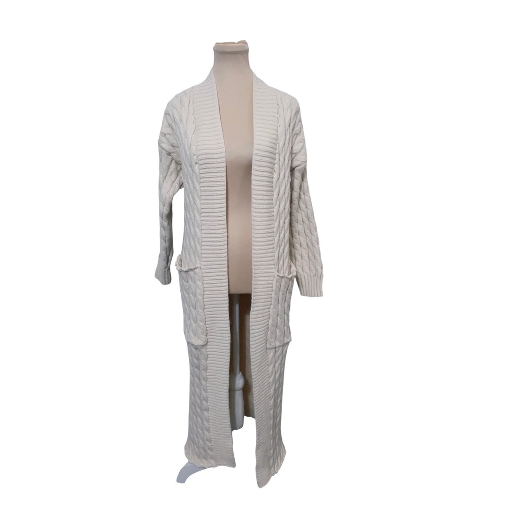 Caracilia Women Cable Knit Duster Cardigan Sweater Cream Small Longline Pocketed